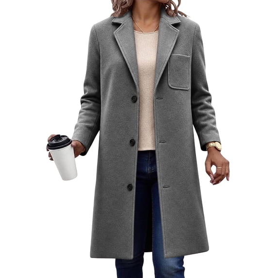 SHENGXINY Women's Mid Length Notched Lapel Pea Coat Single Breasted Trench Coat Texture Fall Winter Warm Overcoat Clothes Gray L