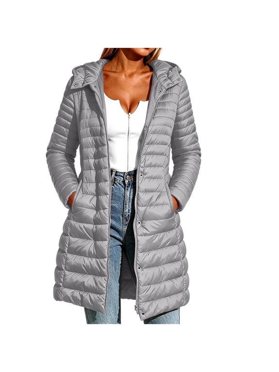 Women's Mid Length Puffer Coat Hooded Long Sleeve Zip & Button Quilted Jacket with Side Pockets Winter Outerwear Gray M