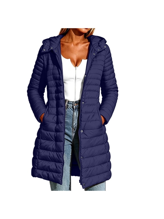 Women's Mid Length Puffer Coat Hooded Long Sleeve Zip & Button Quilted Jacket with Side Pockets Winter Outerwear Navy M