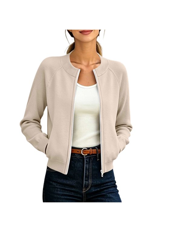 Women's Ribbed Crew Neck Raglan Bomber Jacket Long Sleeve Lightweight Zip Up Tailored Tops Casual Fall Spring Daily Outwear Beige M