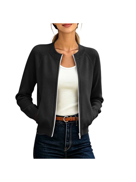 Women's Ribbed Crew Neck Raglan Bomber Jacket Long Sleeve Lightweight Zip Up Tailored Tops Casual Fall Spring Daily Outwear Black S