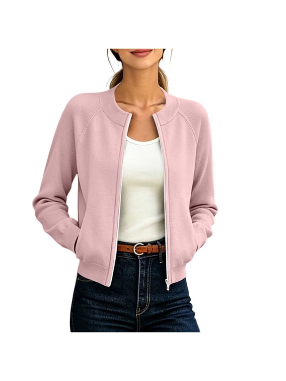 Women's Ribbed Crew Neck Raglan Bomber Jacket Long Sleeve Lightweight Zip Up Tailored Tops Casual Fall Spring Daily Outwear Pink 2XL
