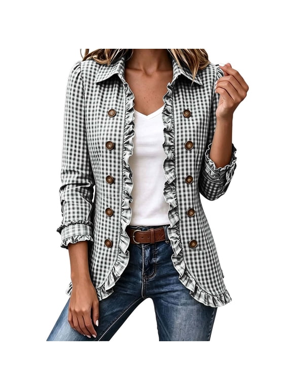 Women's Ruffled Trim Shirt Jacket 3/4‑Sleeve Double Breasted Trendy Dressy Casual Work Business Collared Tunic Blouse Black L