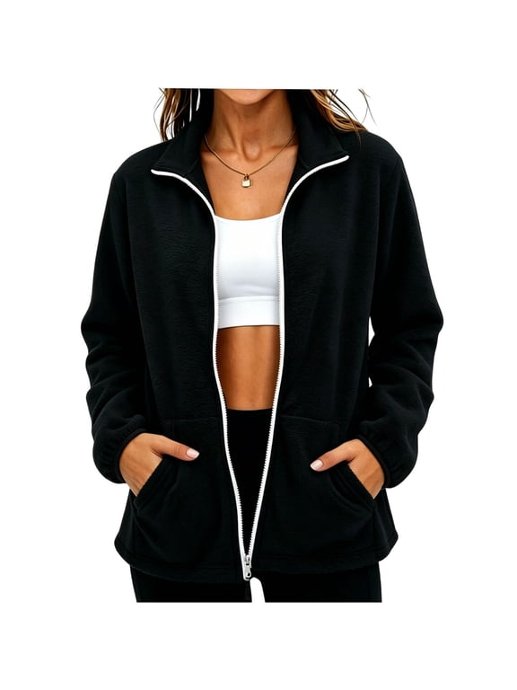 Women's Sherpa Fleece Jacket Lightweight Full Zip Up Coat with Pockets Casual Lapel Fuzzy Faux Shearling Coats Loose Fit Warm Winter Outwear Black L