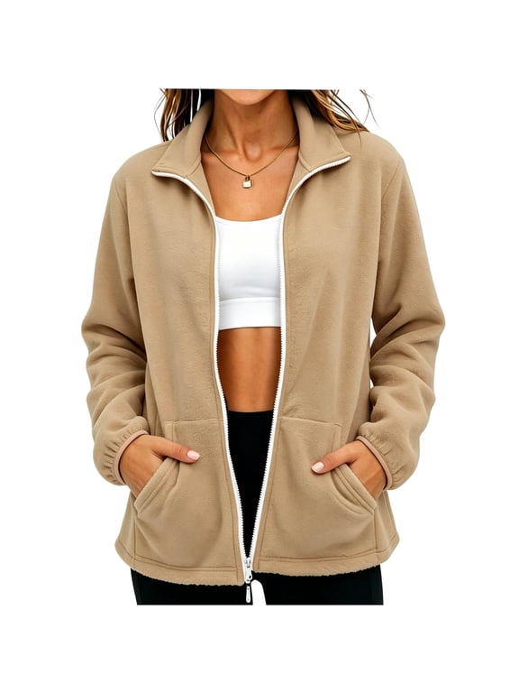 Women's Sherpa Fleece Jacket Lightweight Full Zip Up Coat with Pockets Casual Lapel Fuzzy Faux Shearling Coats Loose Fit Warm Winter Outwear Khaki M
