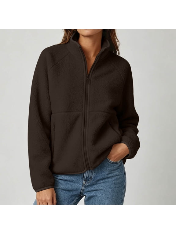 Women's Zipper Fleece Raglan Jacket Stand Collar Long Sleeve Sherpa Jacket Casual Fuzzy Soft Top for Fall Winter Coffee S