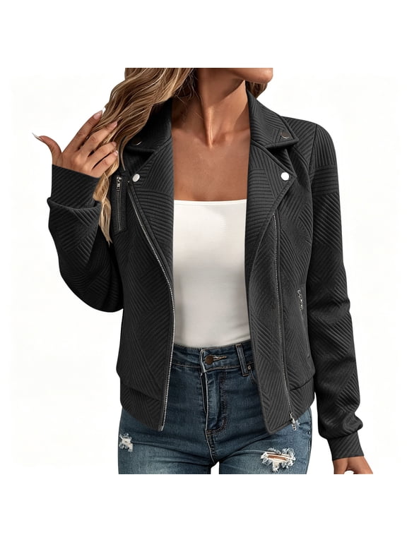 Womens Casual Lightweight Moto Jacket Cropped Zip Up Lapel Collar Long Sleeve Pockets Decorative Buttons Outerwear Black L
