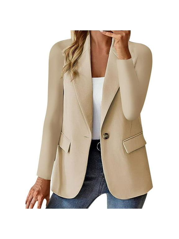 Womens Classic Open Front Blazer Jacket Single Button Slim Fit Notched Lapel Long Sleeve Business Casual Suit Jacket
