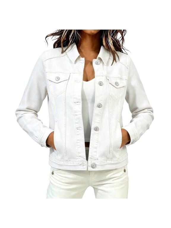Womens Cropped Denim Jacket Washed Distressed Jeans Jackets Button Down Long Sleeve Casual Outerwear for Fall Winter White M