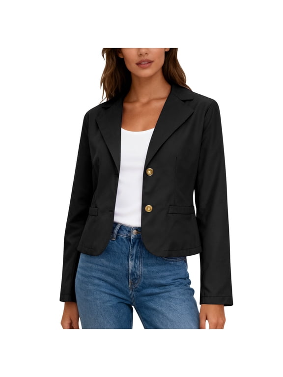 Womens Cropped Slim Fit Blazer Jacket Notched Lapel Single Button Long Sleeve Solid Color Business Casual Short Suit Jacket
