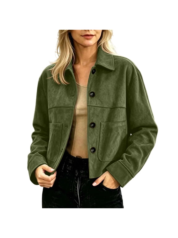 Womens Fall Faux Suede Cropped Jacket Lapel Collar Button Down Long Sleeve Lined Jackets Outerwear for Winter Casual Jackets for Women Army Green L