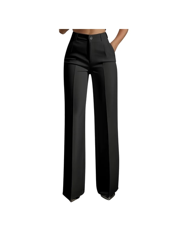 Womens Straight Leg Dress Pants high Waisted Draped Comfy Work Pants with Pockets for Office Business Black S