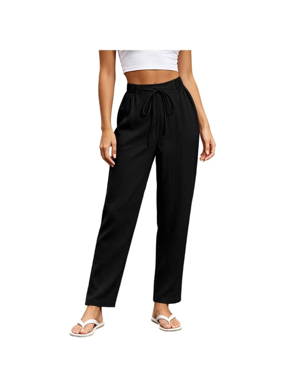 Womens Straight Leg Pants Faux Linen High Waist Figure Flattering Comfy Lounge Breathable Casual Trousers Black 2XL