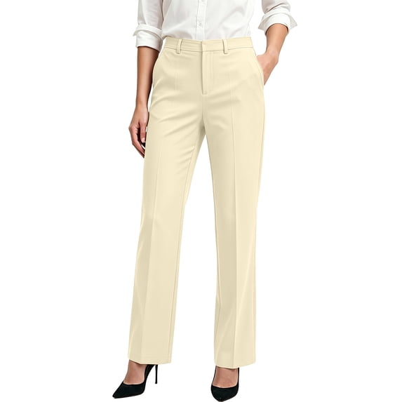 SHENGXINY Womens Stretch Straight Leg Dress Pants High Waist Business Casual Office Work Comfy Suit Pants with Pockets Beige L