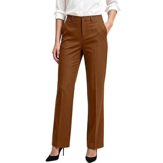 SHENGXINY Womens Stretch Straight Leg Dress Pants High Waist Business Casual Office Work Comfy Suit Pants with Pockets Brown S