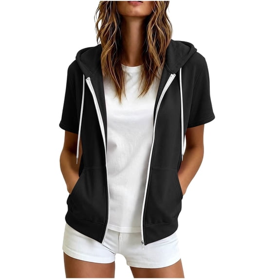 SHENGXINY Womens Zip Up Hoodies Short Sleeve Oversized Sweatshirt Spring Fall Layering Jacket Casual Track Outfits, Cozy Clothes Black S