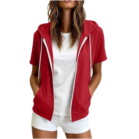 SHENGXINY Womens Zip Up Hoodies Short Sleeve Oversized Sweatshirt Spring Fall Layering Jacket Casual Track Outfits, Cozy Clothes Red 2XL