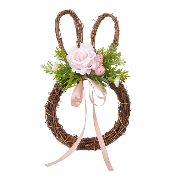 SHENGXINY Easter Wreaths for Front Door,Easter Ornament Bunny Easter Egges Bow Simulation Rattan Round Wreath Outdoor Home Tabletop Decoration Brown 15.75x15.75x3.15in