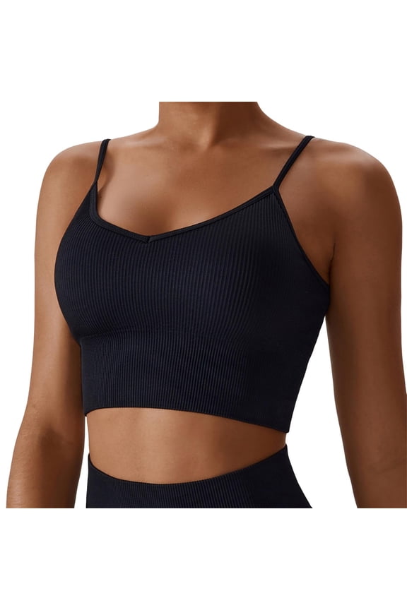 Sports Bras for Women Large Bust Plus Size Bra Backless Crossback Gym Top Padded Cups Bustier Fitness Long Ribbed Lacing Back Adjustable Straps Black,S