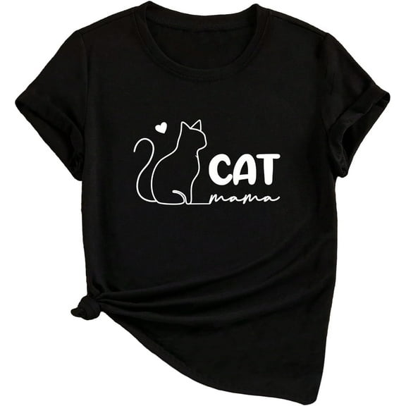 SHENHE Women's Graphic Crew Neck Tee Shirt Summer Short Sleeve Cute Cat Print Top