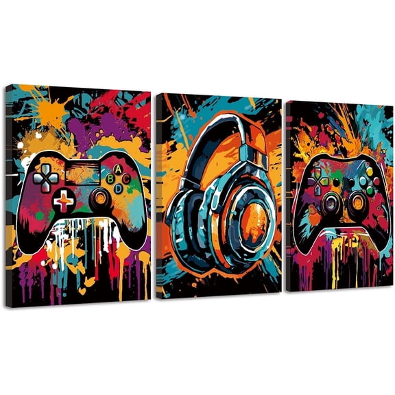 SHENIFY 12x16in3pcs Framed Cool Gaming Wall Art Retro Video Game Watercolor Graffiti Pictures Neon Gamepad Video Gamer Room Decor for Teenage Boys Gamer Room Decoration