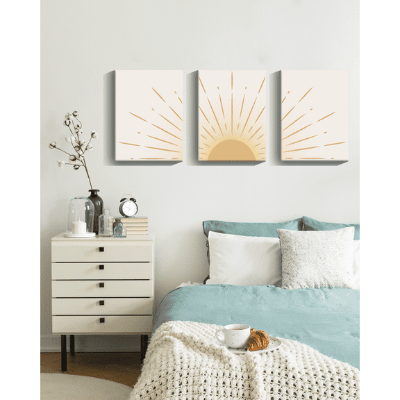 SHENIFY 12x16in3pcs Sun Wall Art Wood Canvas Boho Wall Art Sun Rising On The Horizon Nature Line Art Mid-Century Modern Prints Boho Sun Wall Decor for Living Room, Bedroom