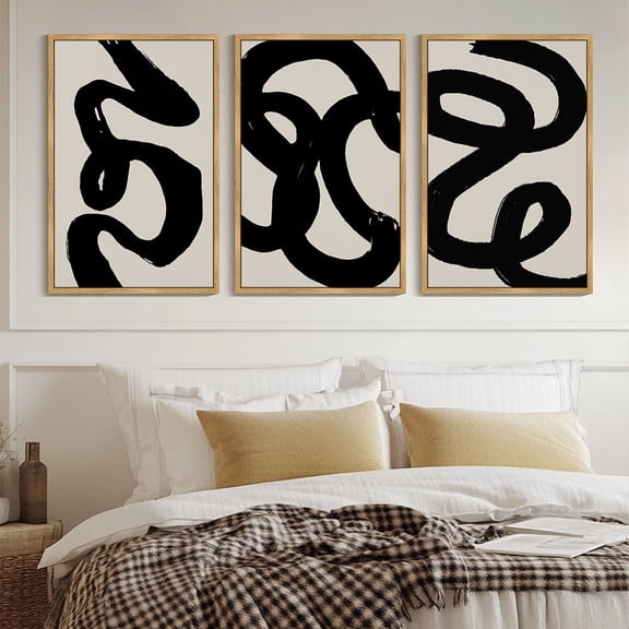 SHENIFY 24x36in3pcs Natural Framed Black Abstract Boho Wall Art Framed Wood Geometric Wall Decor Minimalist Bohemian Bedroom Decor Canvas Prints for Living Room