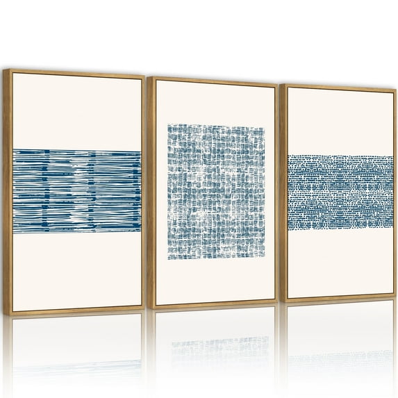 SHENIFY Abstract Boho Wall Art Framed Wood Blue White Grunge Geometric Wall Decor Minimalist Bohemian Bedroom Decor Canvas Prints for Living Room - 12x16in3pcs Neutral Framed