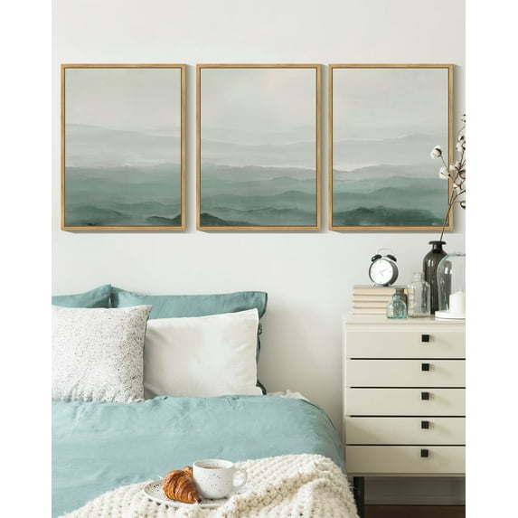 SHENIFY Abstract Landscape Wall Art Minimalist Tan Green Mountain Neutral Toned Misty Nature Wilderness Illustrations Modern Art Decorative 11x14in3pcs Natural Framed