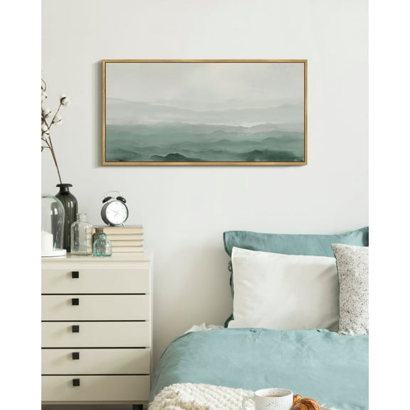 SHENIFY Abstract Landscape Wall Art Minimalist Tan Green Mountain Neutral Toned Misty Nature Wilderness Illustrations Modern Art Decorative 8x16in Natural Framed