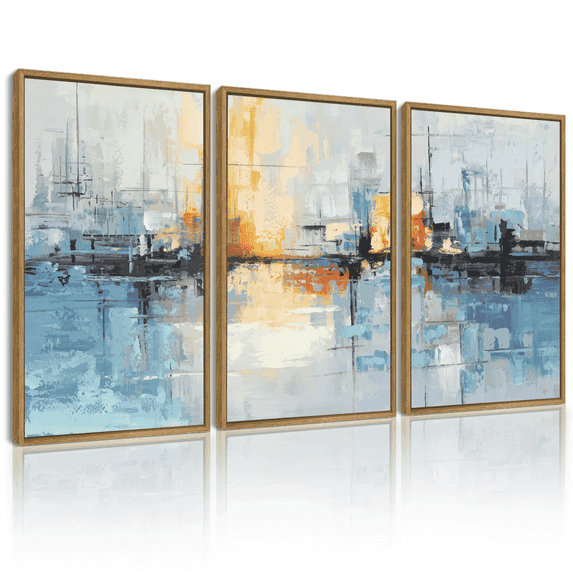 SHENIFY Abstract Wall Art 16x24in3pcs Natural Framed Blue Gray Yellow Modern Minimalist Painting Decor Graffiti Artwork