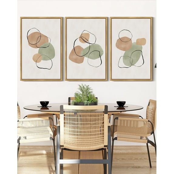 SHENIFY Abstract Wall Art 16x24in3pcs Natural Framed Decor Colorful Geometric Ring Grid Lines Shapes Drawings Modern Art Decorative Ready To Hang