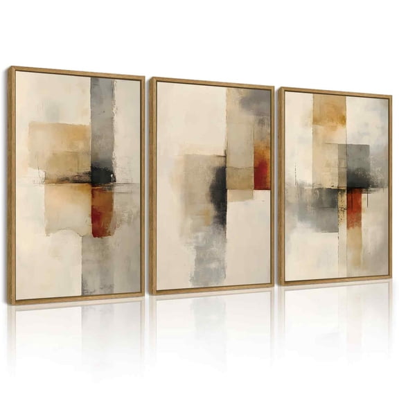 SHENIFY Abstract Wall Art 16x24in3pcs Natural Framed Minimalist Beige Gray Red Pastel Watercolor Decor Artwork Prints Rustic farmhouse Home Office