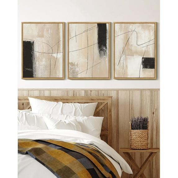 SHENIFY Abstract Wall Art Black Lines Shapes Abstract Illustrations Modern Minimalist Painting Decorative Artwork for Living Room Bedroom 11x14in3pcs Natural Framed