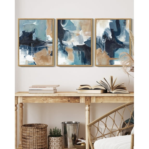 SHENIFY Abstract Wall Art Blue Gray White Modern Minimalist Painting Decor Graffiti Artwork 11x14in3pcs Natural Framed