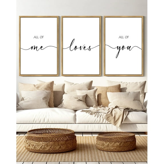 SHENIFY All of Me Loves All of You Above Bed Wall Decor 16x24in3pcs Natural Framed for Farmhouse Bedroom Wall Art Hanging Decoration