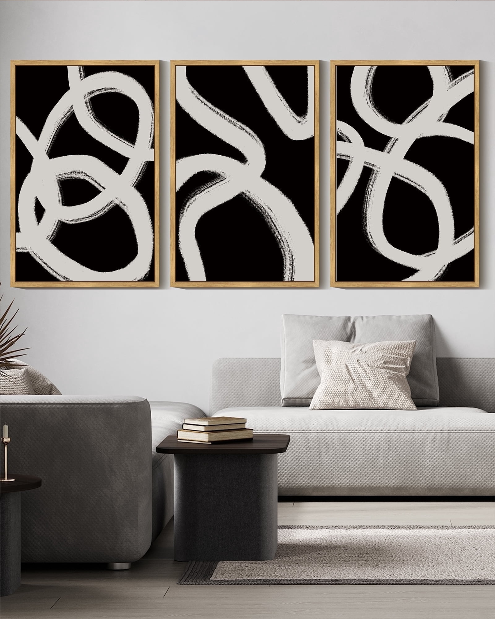 SHENIFY Black Abstract Boho Wall Art 16x24in3pcs Nautral Framed Wood Geometric Wall Decor Mid Century Modern Minimalist Bohemian Bedroom Decor Canvas Prints Ready to Hang for Bedroom