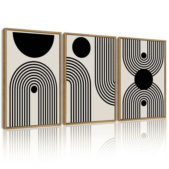 SHENIFY Black Abstract Boho Wall Art 16x24in3pcs Neutral Framed Wood Geometric Wall Decor Mid Century Modern Minimalist Bohemian Bedroom Decor Canvas Prints Ready To Hang for Living Room