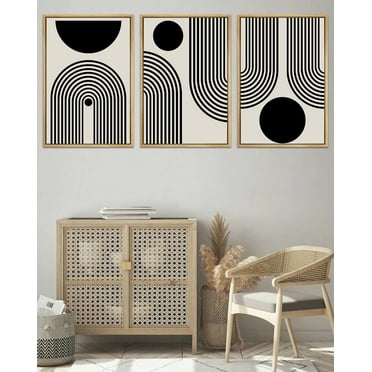 SHENIFY Black Abstract Boho Wall Art 16x24in3pcs Neutral Framed Wood Geometric Wall Decor Mid Century Modern Minimalist Bohemian Bedroom Decor Canvas Prints Ready To Hang for Living Room