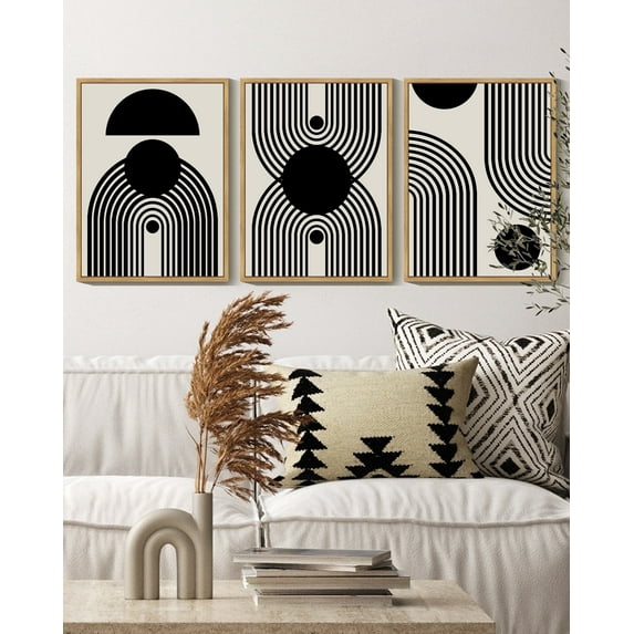 SHENIFY Black Abstract Wall Art Decor Duotone Minimal Dark Brush Stroke Prints Shapes Illustrations Modern Art Decorative Ready To Hang - 11x14in3pcs Nautral Framed