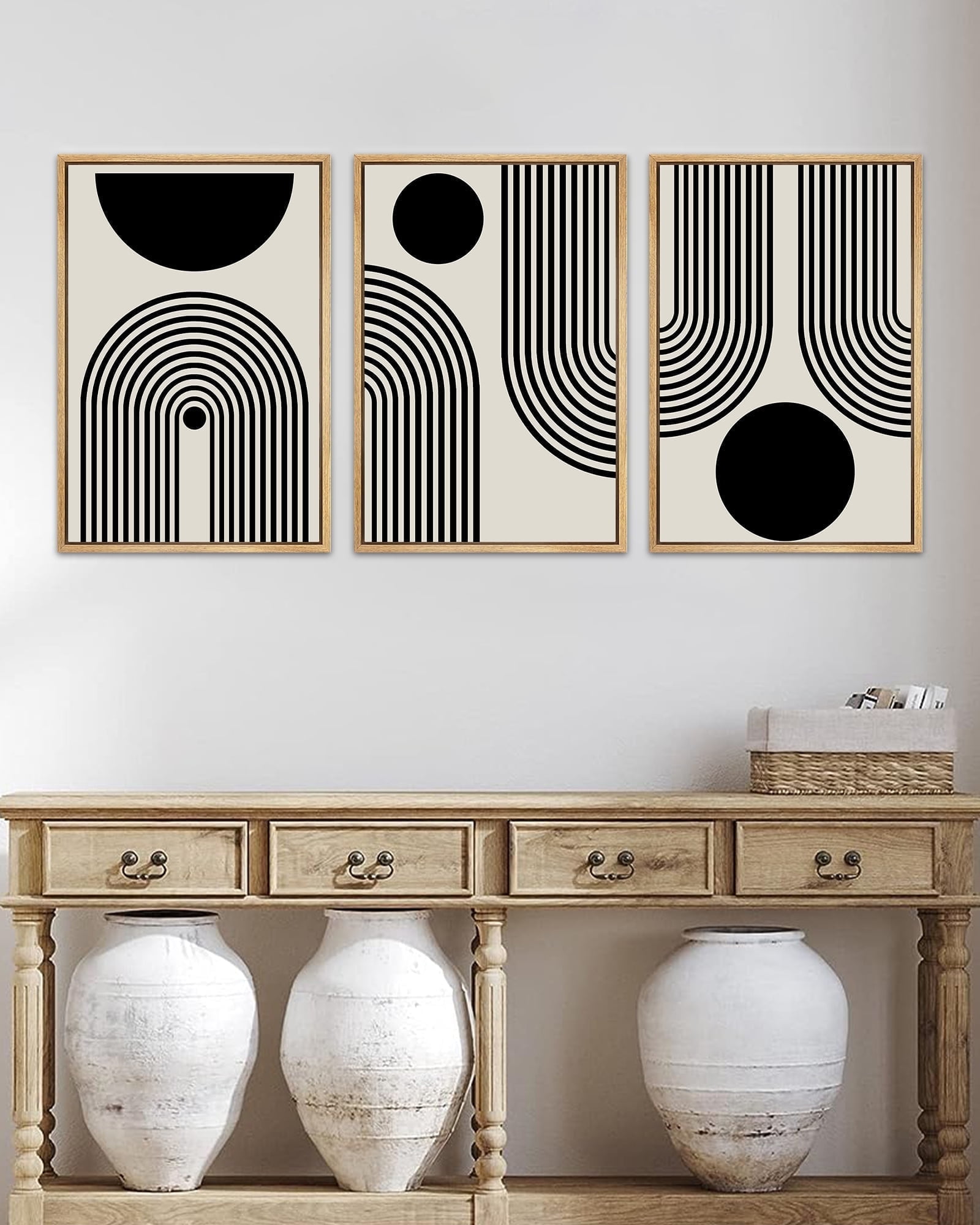 SHENIFY Black Abstract Boho Wall Art Framed Wood Geometric Wall Decor Mid Century Modern Minimalist Bohemian Bedroom Decor Canvas Prints Ready To Hang for Living Room - 12x16in3pcs Neutral Framed