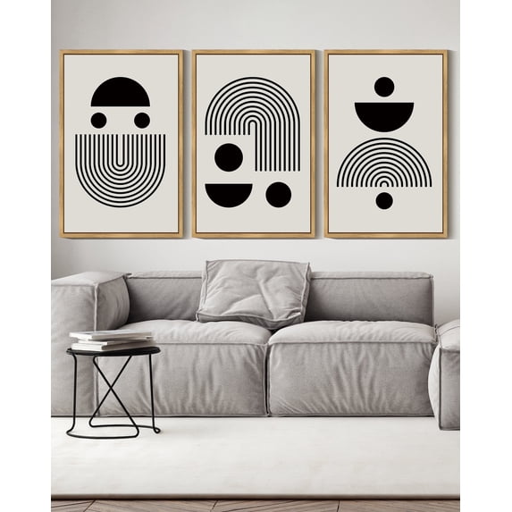 SHENIFY Black Abstract Wall Art 16x24in3pcs Natural Framed Decor Solid & Spiral Semi-Circles Geometric Shapes Drawings Modern Art Decorative Ready To Hang