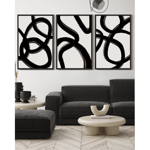 SHENIFY Black and Gray Abstract Wall Art 16x24in3pcs Black Framed Decor Duotone Minimal Dark Brush Stroke Prints Shapes Illustrations Modern Art Decorative Ready To Hang