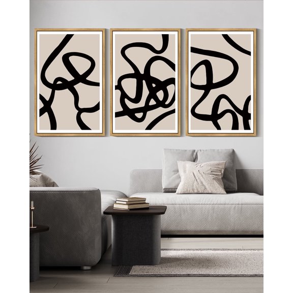 SHENIFY Black Lines Abstract Wall Art 16x24in3pcs Natural Framed Ink Wash Minimalist Canvas Painting Artwork