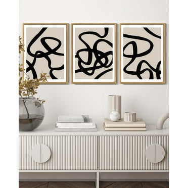 SHENIFY Black Lines Abstract Wall Art Ink Wash Minimalist Canvas Painting Artwork 11x14in3pcs Natural Framed