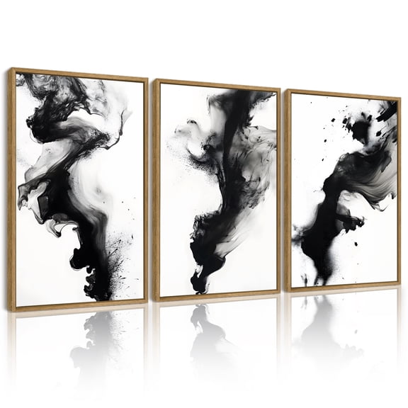 SHENIFY Black White Abstract Canvas Wall Art 16x24in3pcs Natural Framed Ink Wash Pastel Wall Decor Modern Rendering Illustration Art Painting for Bedroom Dining Room