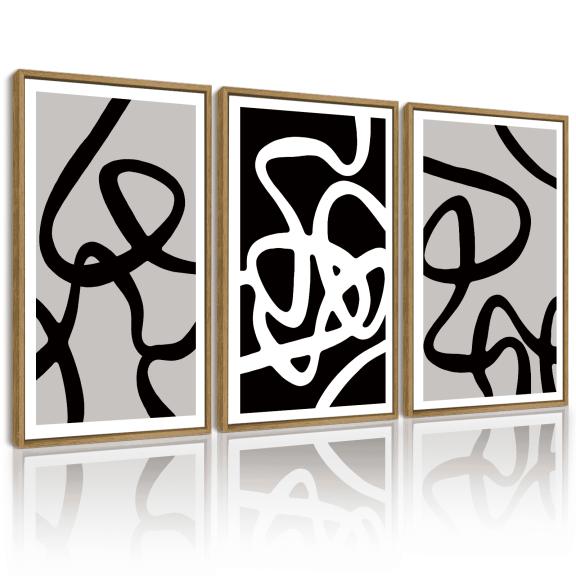 SHENIFY Black and White Lines Abstract Wall Art Ink Wash Minimalist Canvas Painting Artwork 11x14in3pcs Natural Framed