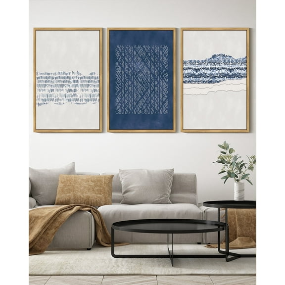 SHENIFY Blue Abstract Boho Wall Art 16x24in3pcs Natural Framed Minimalist Mid-Century Modern Wall Decor Geometric Artwork Kitchen Dining Room