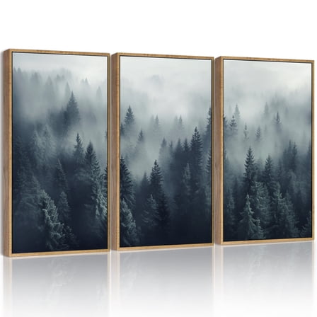 SHENIFY Blue Fog Pine Tree Forest Canvas Wall Art Large Artwork Prints Decor - 24x36in Natural Framed