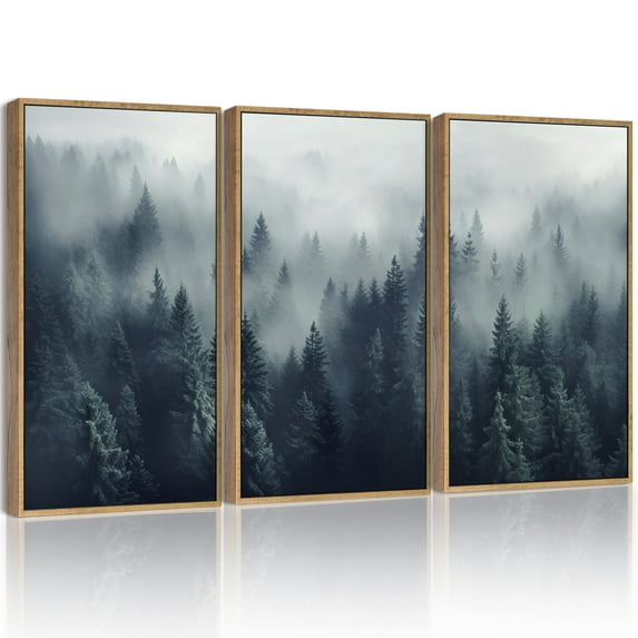SHENIFY Blue Fog Pine Tree Forest Canvas Wall Art Large Artwork Prints Decor - 24x36in Natural Framed